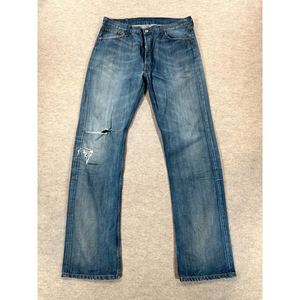 Levis 501 Original Fit Jeans Mens 36x36 Blue Medium Wash Distressed 00501-0084